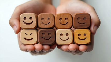 Hands gently holding six wooden cubes with happy and smiling faces engraved on them