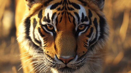 Fototapeta premium A close-up of a majestic tiger with striking orange fur and intense golden eyes, set against a warm, blurred background.