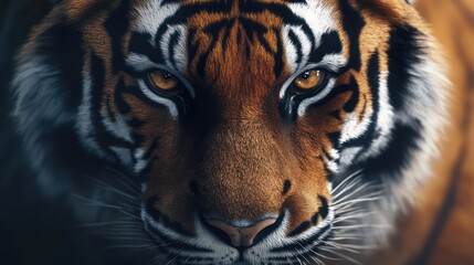 Naklejka premium A striking close-up of a majestic Bengal tiger, showcasing its intense gaze and vibrant orange fur.