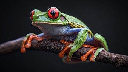 A vibrant green tree frog with bright red eyes perched on a branch, showcasing its striking colors and intricate details.