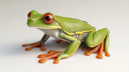Obraz premium A vibrant green tree frog with striking red eyes, poised gracefully on a soft surface.