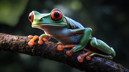 Naklejka premium A vibrant red-eyed tree frog perched on a branch, showcasing its striking colors and intricate skin patterns against a blurred green backdrop.