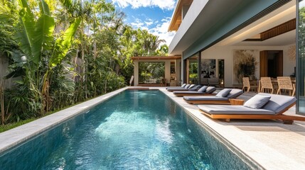 Obraz premium A luxurious outdoor swimming pool surrounded by tropical landscaping and lounge chairs in a modern villa