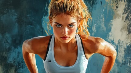 Focused young female athlete with blonde hair, determined expression, preparing for a workout against a textured blue background.