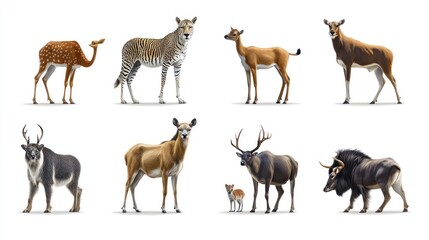 Fototapeta premium A diverse collection of wildlife including a fawn, tiger, deer, and various other animals in a striking arrangement.