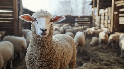 A curious white sheep stands in a rustic barn, surrounded by a flock of woolly companions, highlighting farm life and tranquility.