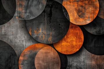 Abstract composition of overlapping earthy circles with textured surfaces, combining industrial and natural elements to create a balanced, rustic background design.