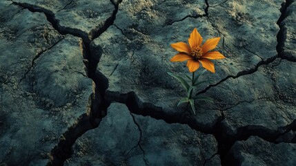 A resilient orange flower blooms amidst cracked earth, symbolizing hope and perseverance.