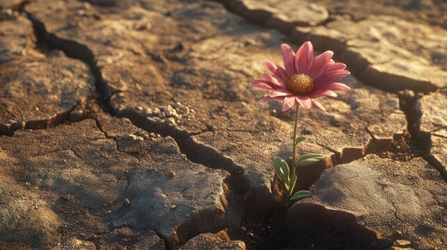 A resilient pink flower grows from cracked, dry earth, symbolizing hope and perseverance in difficult conditions.