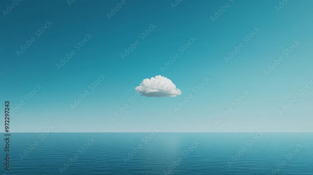 Poster minimalist scene with a single cloud in a bright blue sky, perfectly centered and floating above an 