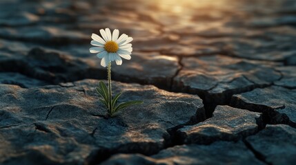 A resilient white daisy blooms on cracked, dry earth, symbolizing hope and perseverance in harsh conditions.