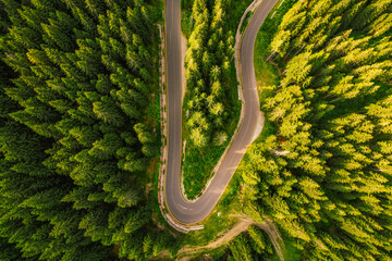 Aerial view of  Transalpina road with many serpentines crossing forest in  Carpathian mountains. Aerial mountains forest trees with road.