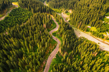 Aerial view of  Transalpina road with many serpentines crossing forest in  Carpathian mountains. Aerial mountains forest trees with road.