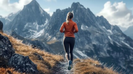 A fit Caucasian female runner in an orange jacket and black leggings jogs along a mountain trail, surrounded by breathtaking scenery.