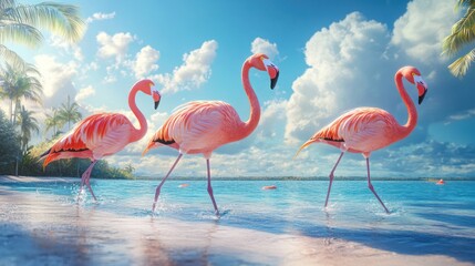 Obraz premium Three vibrant pink flamingos wade gracefully in the shallow waters, surrounded by lush palm trees and a vivid blue sky.