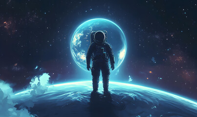 Obraz premium graphics of space, planets, and astronauts on a white background.