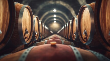 wine barrels aging in a clean, modern cellar, with soft lighting highlighting the craftsmanship and tradition of winemaking