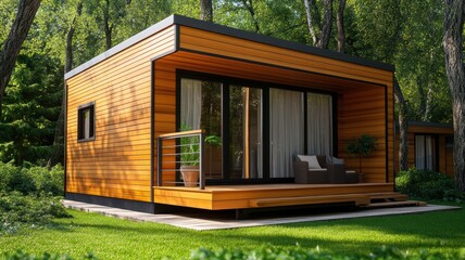 Modern wooden house in a serene forest setting, showcasing elegant design and tranquility amidst nature's beauty.