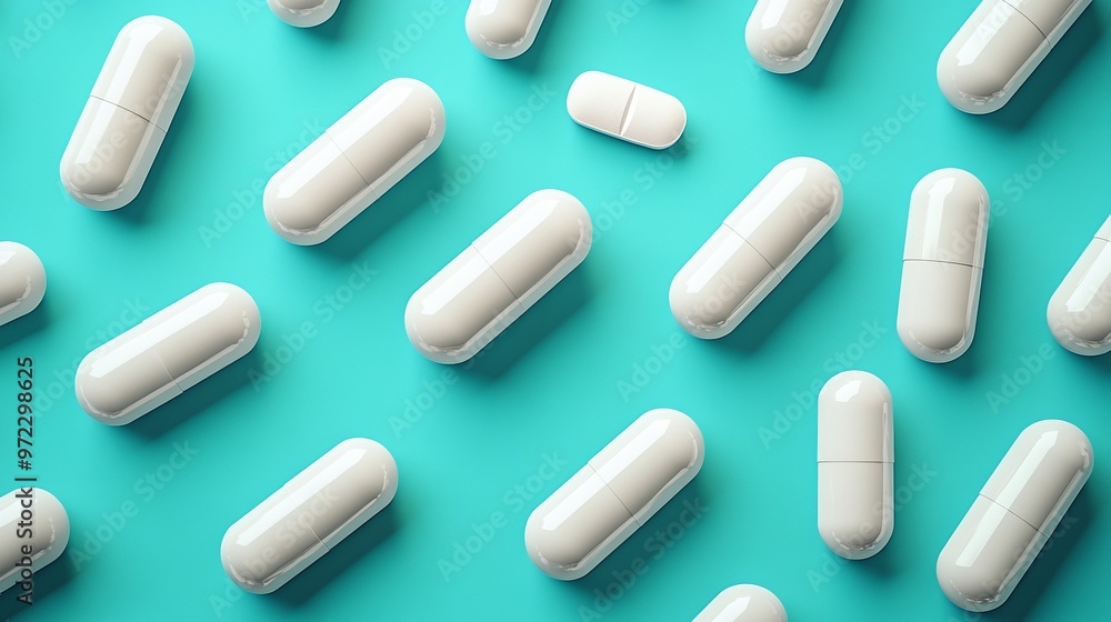 Poster an array of white capsules on a teal background representing a health and medical concept.