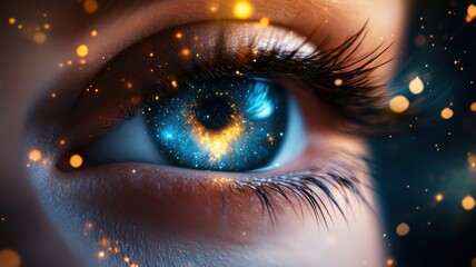 a mesmerizing eye that sparkles with cosmic colors and lights, evoking wonder and depth.