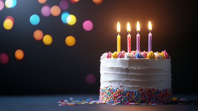birthday cake with candles glowing, perfect for celebrating special moments and joyful gatherings.