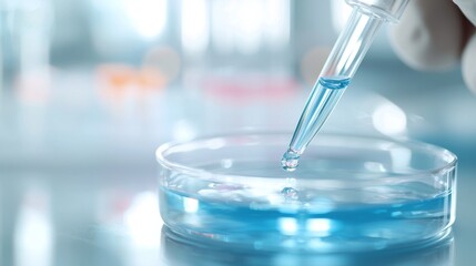 Laboratory Precision, a close-up view of an individual transferring a liquid sample into a petri dish, with a softly blurred background emphasizing the meticulous process.