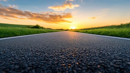 Fototapeta premium a winding road under a vibrant sunset, surrounded by lush greenery and dramatic clouds.
