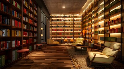 Obraz premium Modern Library Interior Design with Bookshelves and Comfortable Seating