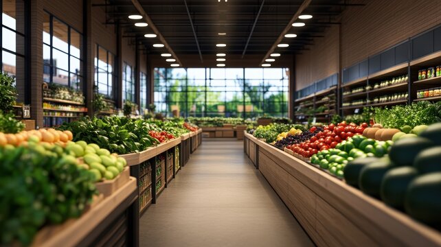 A store interior displaying fresh produce in well-organized displays, inviting shoppers for a healthy choice. - Powered by Adobe