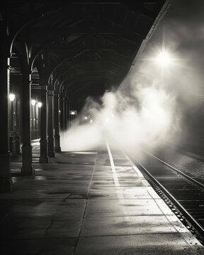 train station at night with a train in the distance