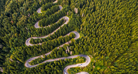 Cheia road Brasov. Aerial view of a serpent mountains road Romania, in the heart of Transylvania