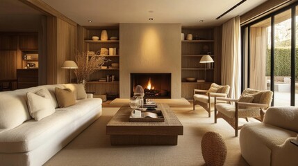 Cozy living room with neutral tones, wooden furniture, and soft lighting, centered around a modern fireplace.