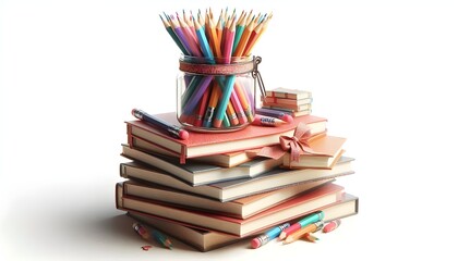 Books stacked with a jar of colorful pencils on top, isolated on white background. Concept of education and learning. 3D Rendering