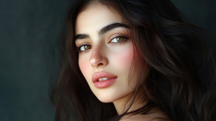 Fototapeta premium A Persian woman with long, dark brown hair, her soft pink blush perfectly complementing