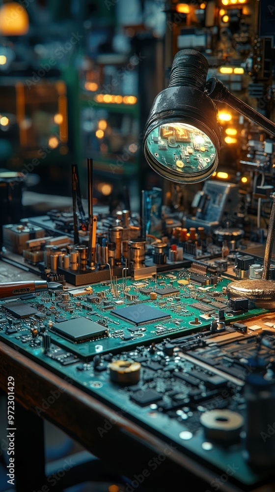 Poster a detailed view of a circuit board and tools in a workshop.