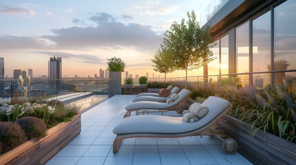 Fototapeta premium Modern Rooftop Terrace with City Skyline Views