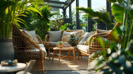 Relaxing Outdoor Oasis with Wicker Furniture and Lush Greenery