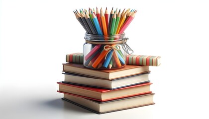 Books stacked with a jar of colorful pencils on top, isolated on white background. Concept of education and learning. 3D Rendering