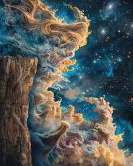 painting of a woman with long hair and a cloud of smoke surrounding her