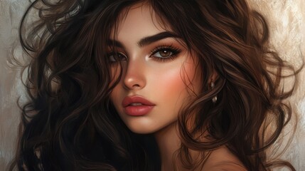Fototapeta premium A Persian woman with striking dark brown hair, her face glowing with soft pink blush, framed