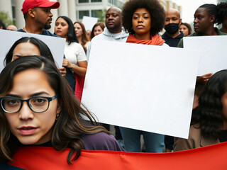 Diverse group of people protesting with blank signs during a demonstration.