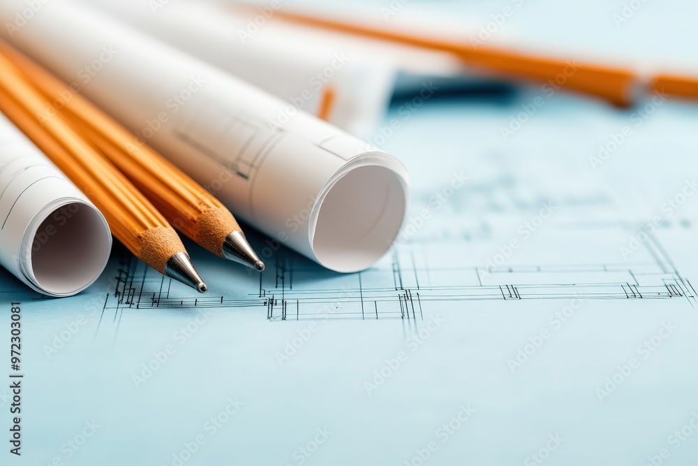 Poster precision and planning: architectural blueprints and tools on a work surface for construction projec