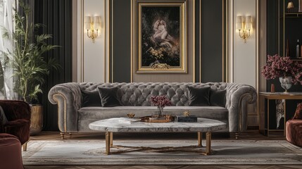 Fototapeta premium Elegant luxury living room with a classic design, featuring a velvet sofa, a marble coffee table, and gold-framed artwork on the walls