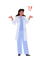 Doctor woman standing in puzzled or questioning pose. Concept of wondering, uncertainty, confused