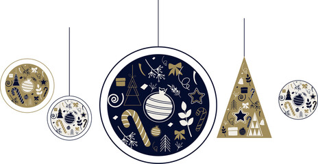 Modern Christmas decorations. Beautiful Christmas balls and trees in blue, gold and beige colors.