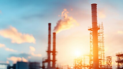 Obraz premium A Captivating Sunset Over Industrial Structures with Emitting Smoke and a Warm Atmosphere