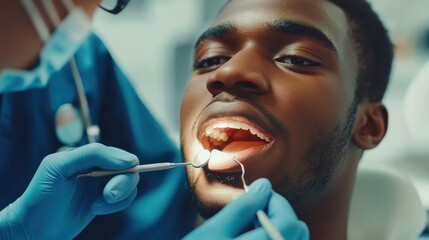 A young Black male patient receives dental care, showcasing an attentive dentist with dental instruments.