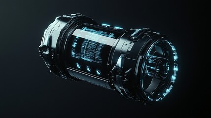 Futuristic tech device with glowing blue digital display.