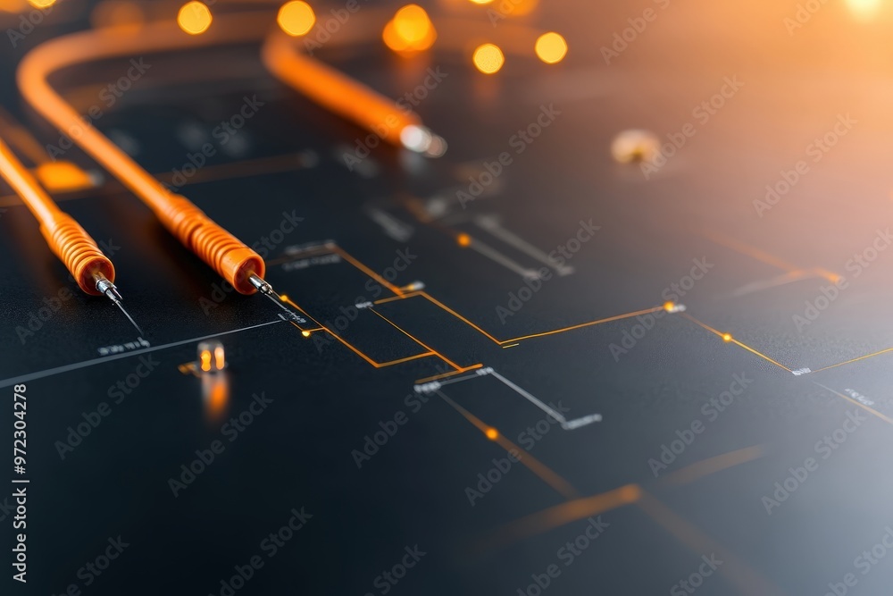 Aufkleber intricate circuit design with orange probes on a dark background for electrical projects insight