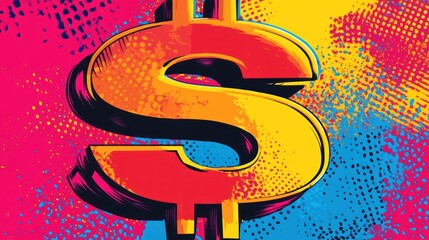 Vibrant, bold dollar sign illustration with a retro pop art style, featuring bright pink, yellow, and blue colors.
